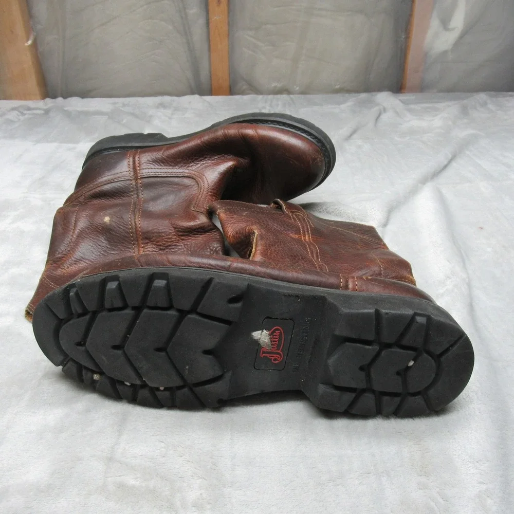 Justin Mens Boots 9.5 M Brown Leather Pull On‎ Cowboy Riding Roper Rugged Work